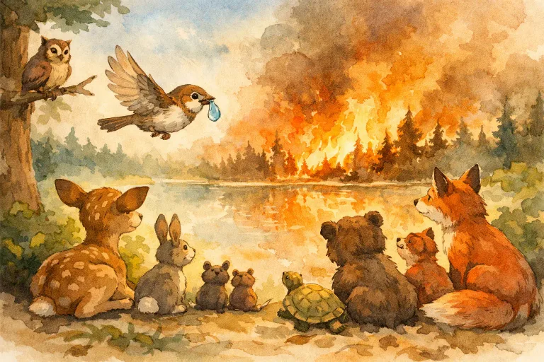 A small sparrow carrying a drop of water towards a distant forest fire