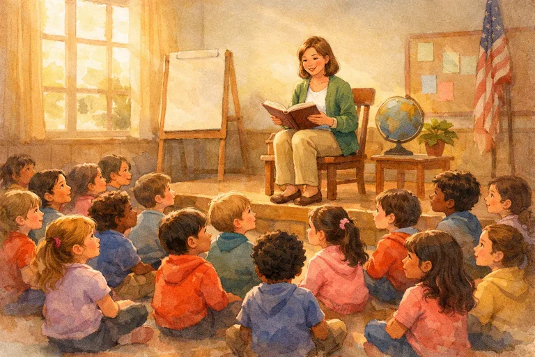 Children gathered in a school assembly, listening to a teacher reading a story