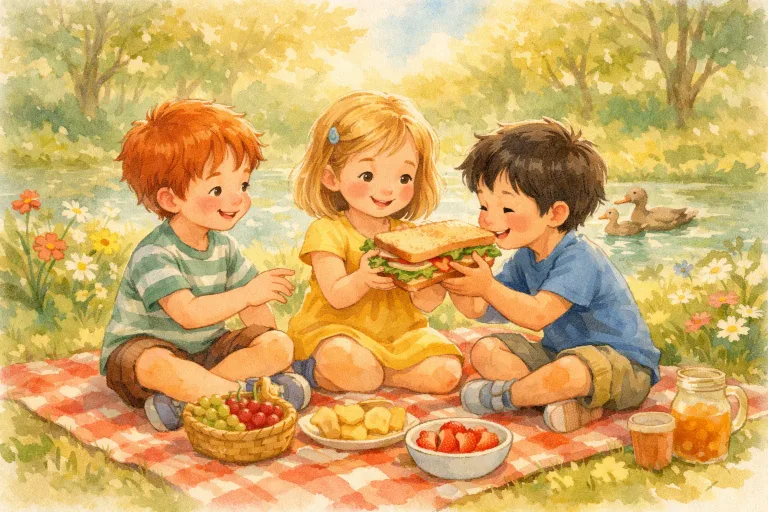 Three children sitting on a picnic blanket sharing a sandwich, smiling together
