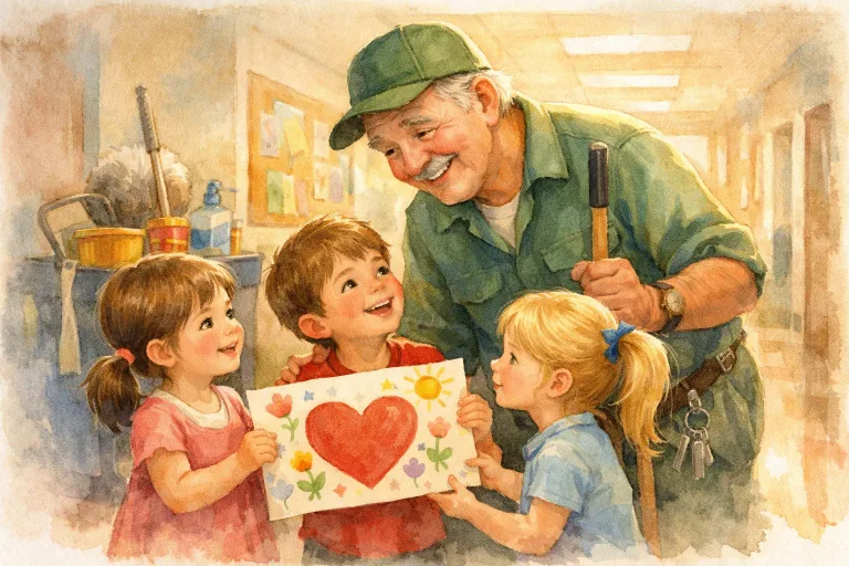 Schoolchildren giving a thank you card to a smiling school janitor
