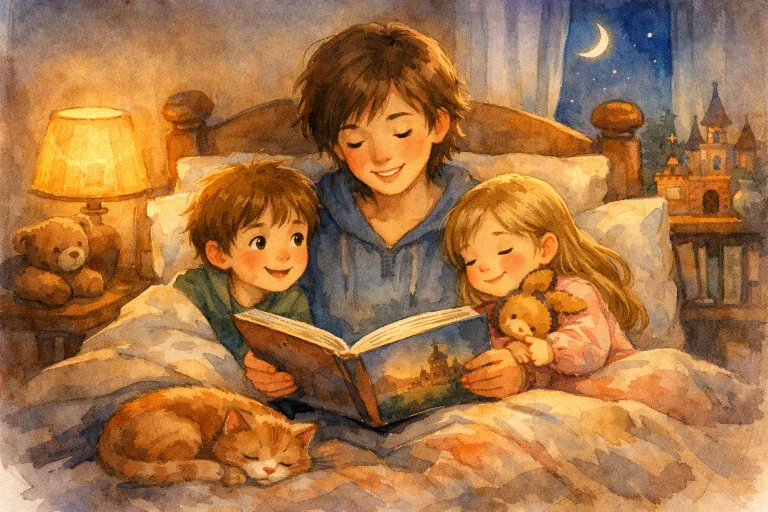 A parent reading a storybook to two children in a cozy bedroom at bedtime