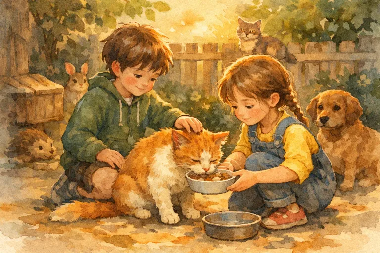 Two kind children gently caring for a stray cat, with other animals watching in a cozy backyard scene