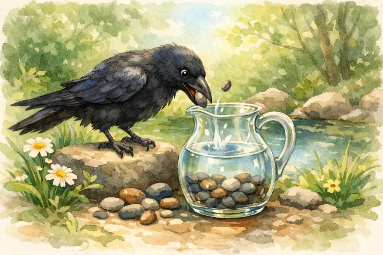 A clever crow dropping pebbles into a jug of water with a look of determination