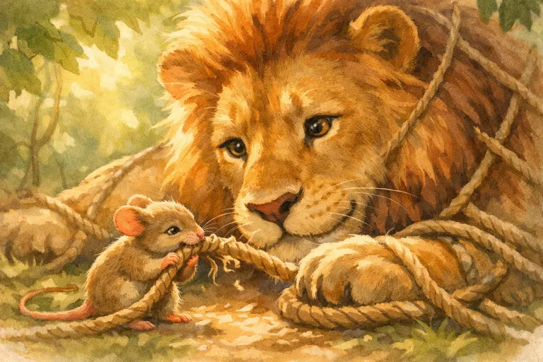 A tiny mouse helping a majestic lion by gnawing through a rope in a sun-dappled jungle