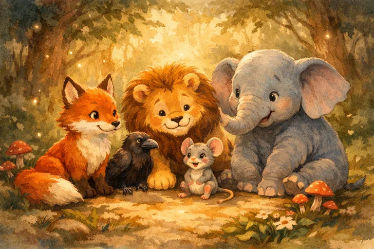 A group of animals including a fox, lion, mouse, crow, and elephant sitting together in a magical storybook forest setting