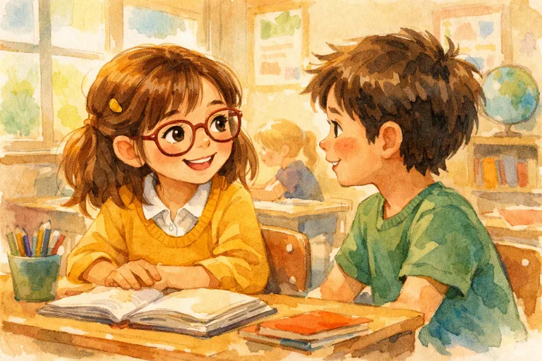 A cheerful girl with glasses talking kindly to a boy in a classroom
