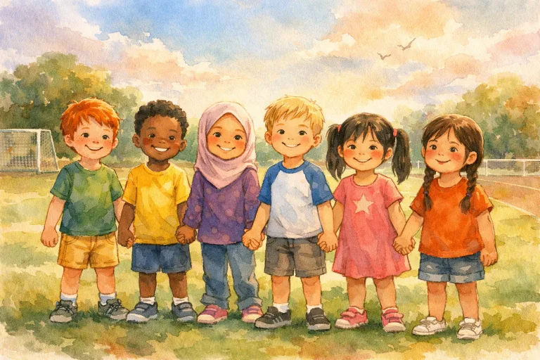 A diverse group of children holding hands on a sports field