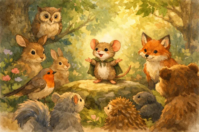 A brave tiny mouse speaking confidently to forest animals