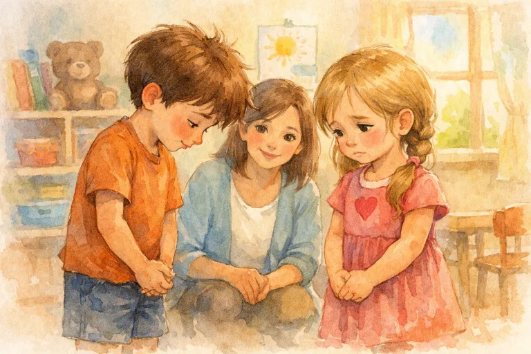A boy apologizing to a girl with a caring teacher nearby