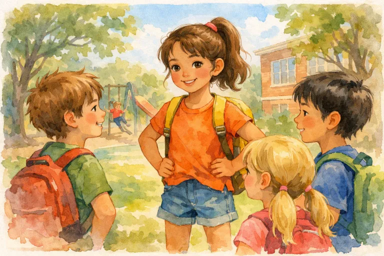 A confident girl talking to new friends on the playground