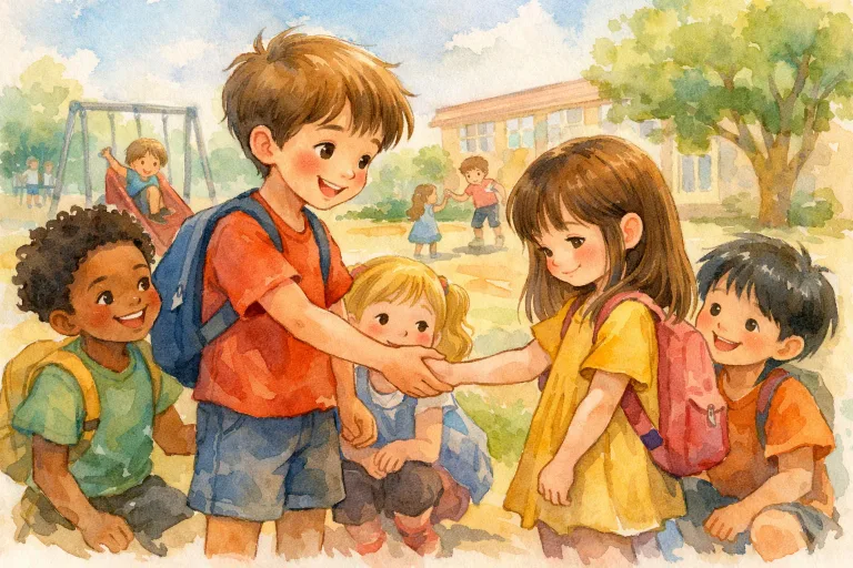 A boy reaching out to a shy girl in a school playground