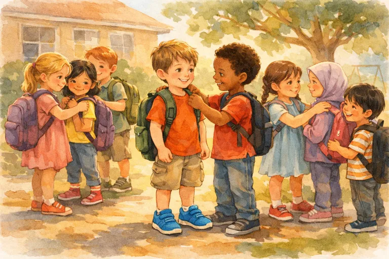 Diverse group of children helping each other with backpacks in a bright schoolyard