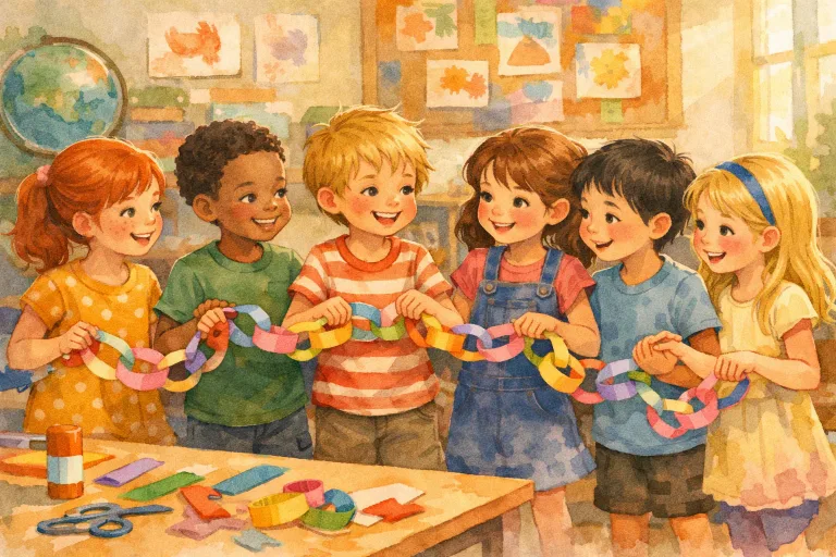 Students in a classroom connecting paper links to form a kindness chain, smiling and working together