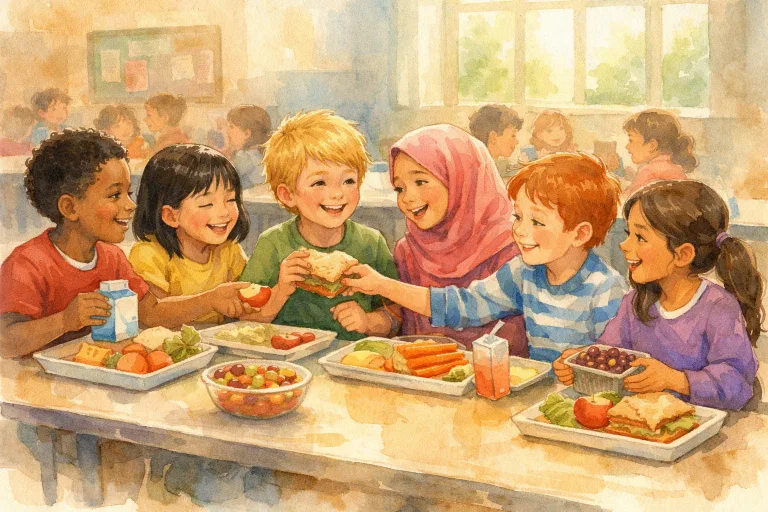Children of different backgrounds sharing a long lunch table and smiling together