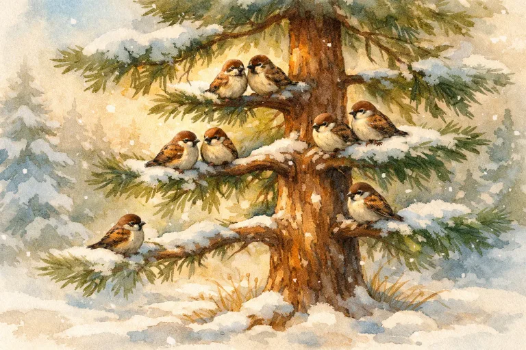 A lonely pine tree opening its branches to shelter small sparrows in a snowy forest