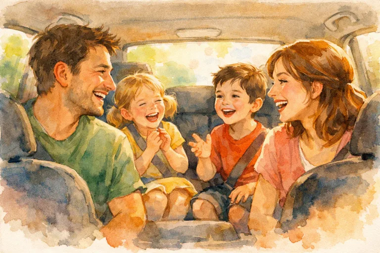 Parents and kids laughing and talking after listening to a moral story in the car