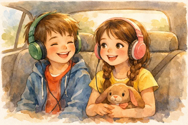 Children with headphones smiling and listening to stories in the back seat of a car