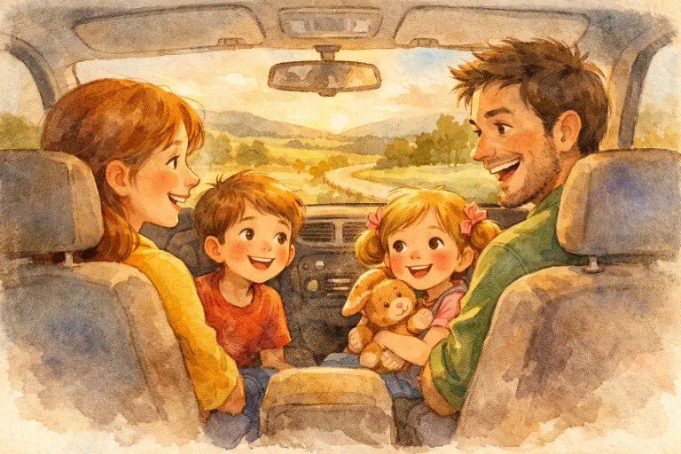 A family listening to stories together in a cozy car during a scenic road trip