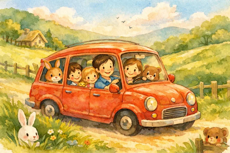 Illustration of a cheerful car driving through rolling hills with storybook characters waving from the windows