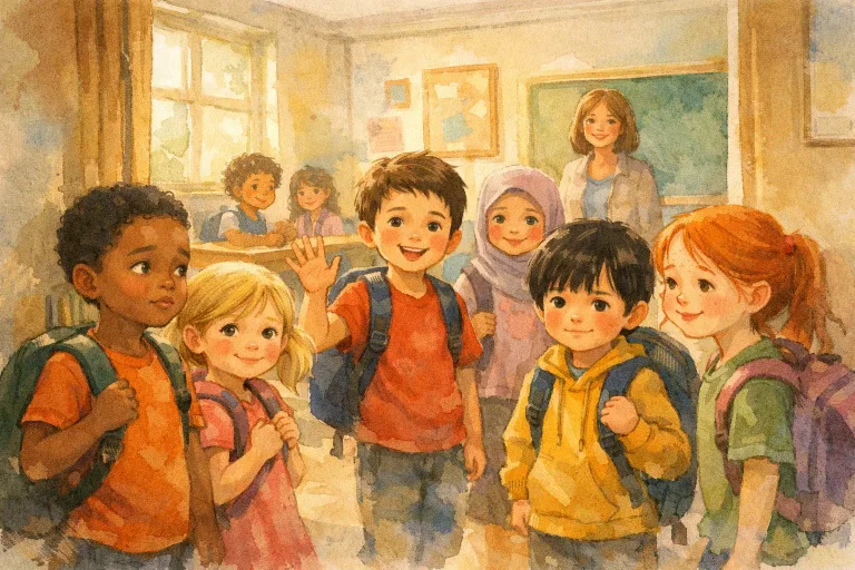 A group of children happily entering a classroom, some looking nervous and others smiling as they meet new classmates.