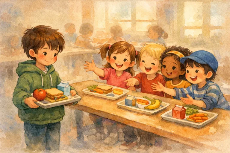 A shy child being invited to join a group at a lunch table, with friendly kids making space and smiling.