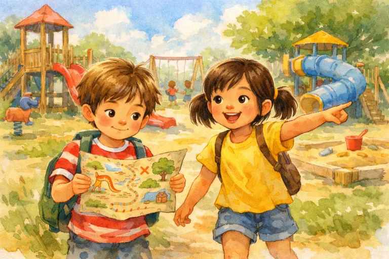 Two children exploring a busy playground together, one guiding the other with a hand-drawn map.