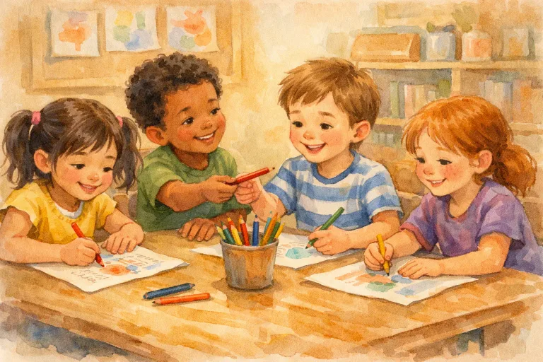 Children at a classroom table sharing pencils and drawing together, looking happy and engaged.