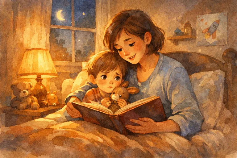Parent reading a calming bedtime story to an anxious child in a softly lit bedroom