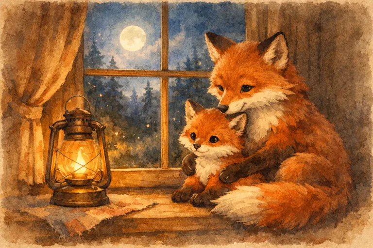 A small fox and its mother sit by a window with a glowing lantern, night forest outside