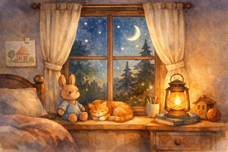 A peaceful bedroom window glowing with soft light, stars and trees outside, comforting mood