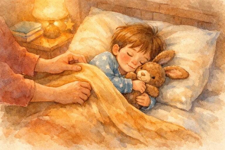 A child in pajamas, snuggled in bed with a favorite stuffed animal and a parent tucking them in