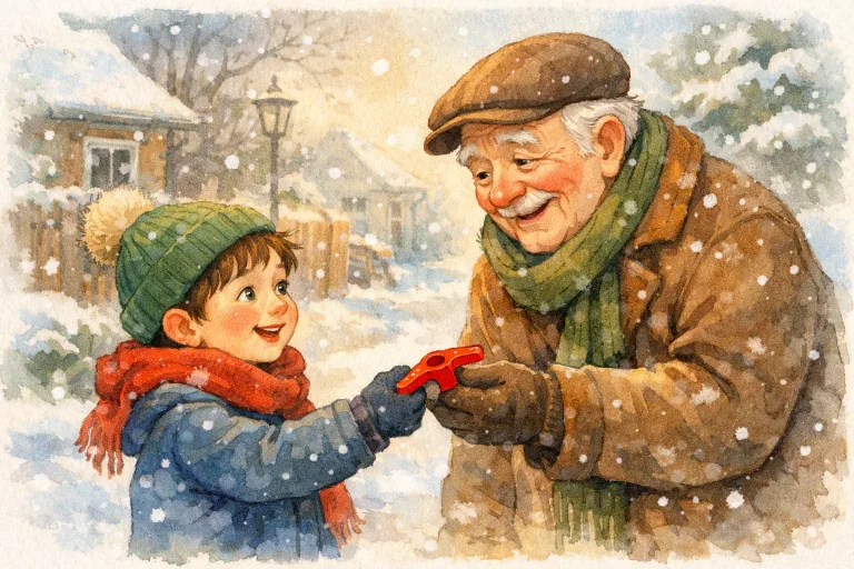 Young boy giving a toy whistle to his elderly neighbor in the snow