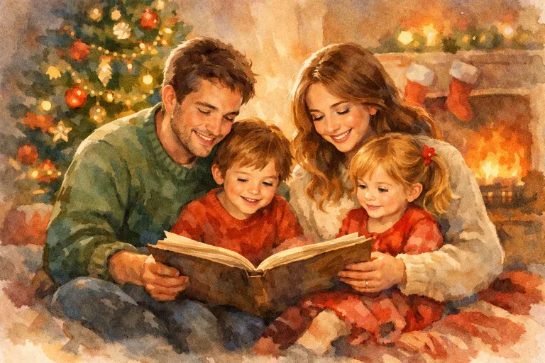 A family gathered by a decorated Christmas tree, reading a storybook together by warm lamplight