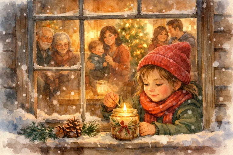 Young girl lighting a homemade candle in the window, family and neighbors gathering