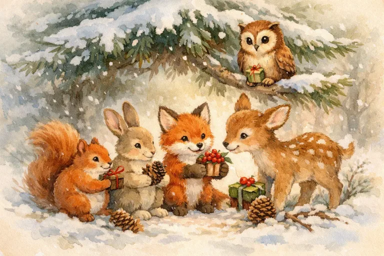 Woodland animals gathered around a pine tree, exchanging small gifts in winter
