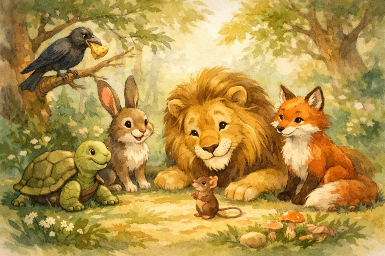 A group of classic Aesop's fable animals gathered together in a forest clearing