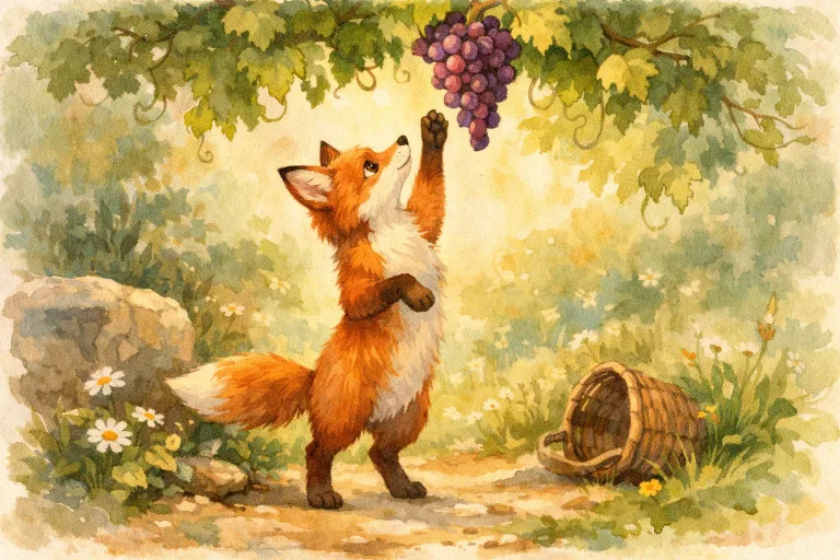 A hungry fox gazing up longingly at grapes hanging high on a vine