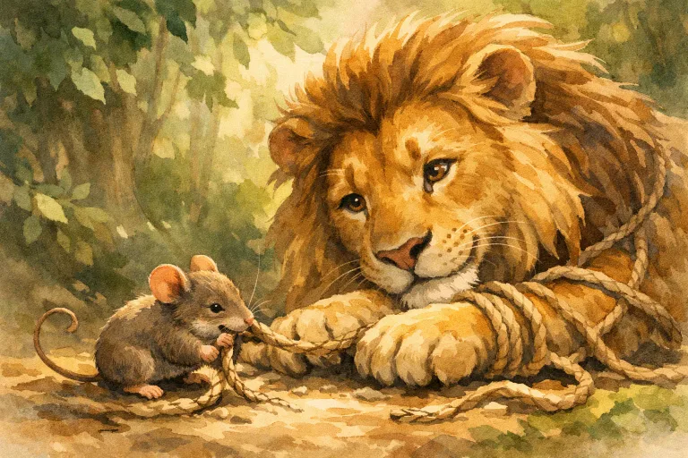 A small mouse freeing a mighty lion from ropes in a forest setting