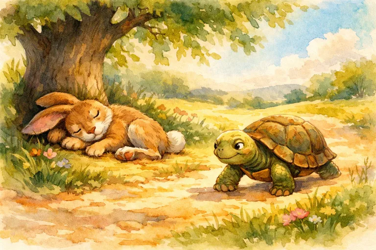 Tortoise moving steadily while the hare naps under a tree nearby