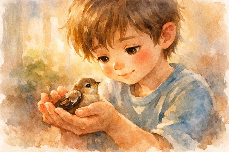 A boy caring for a small bird with a broken wing