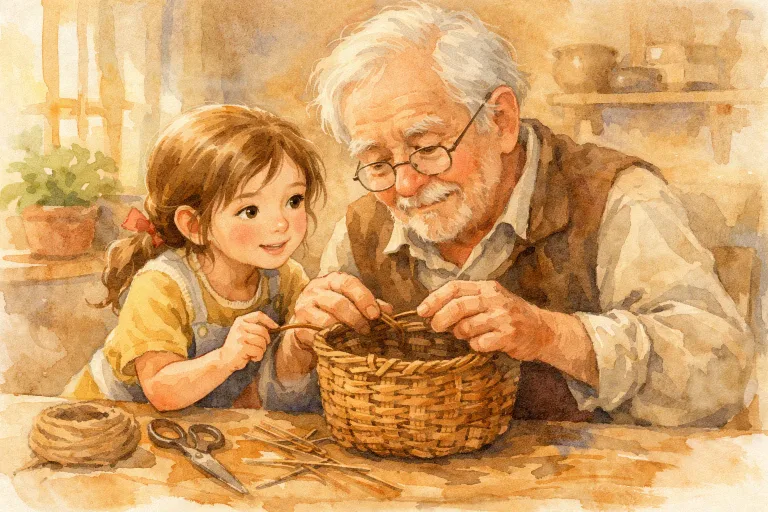 A girl helping an elderly man repair a broken basket