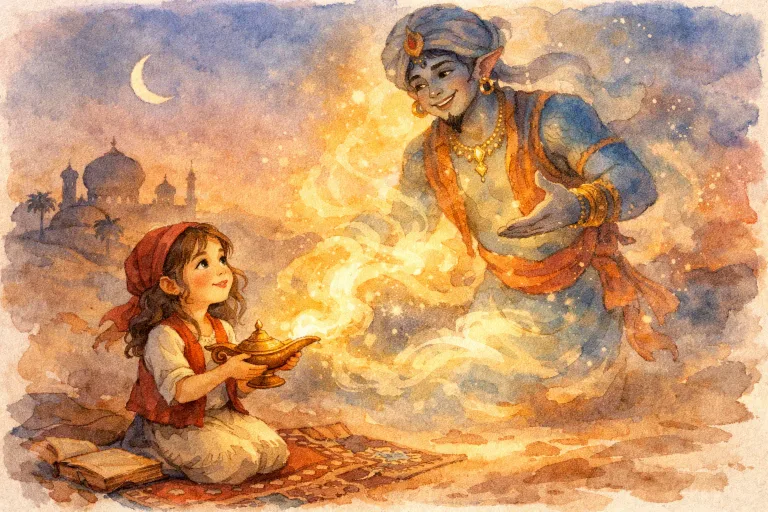 A girl releasing a glowing jinni from an ancient lamp
