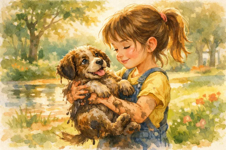A caring girl finds a lost puppy in the park