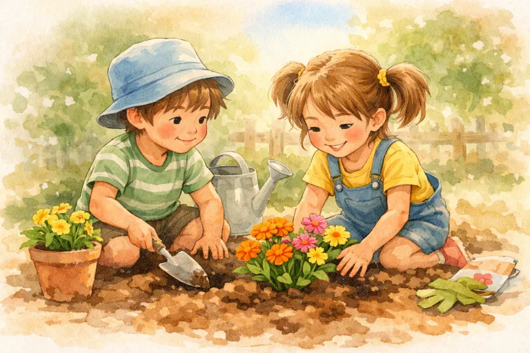 two children planting flowers in a garden