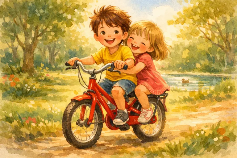 two children happily sharing a bicycle in the park