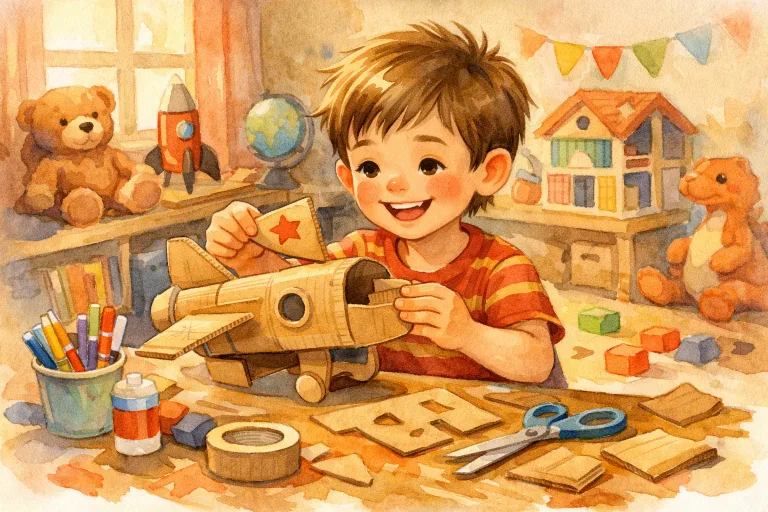 A boy making a toy from cardboard with a joyful expression