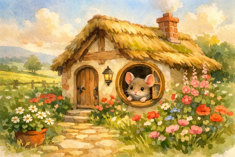 A cozy countryside mouse peeking from his small home with green fields around
