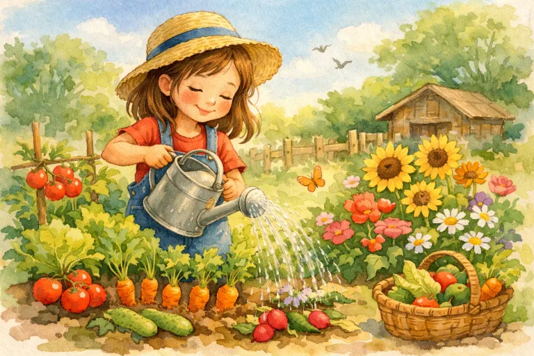 A girl happily tending her small garden of flowers and vegetables