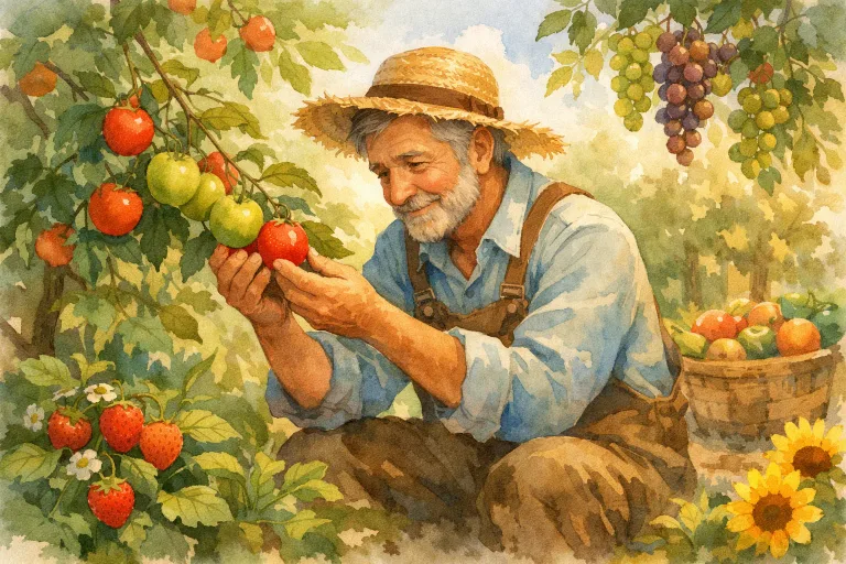 A smiling farmer inspecting his garden with unripe and ripe fruits