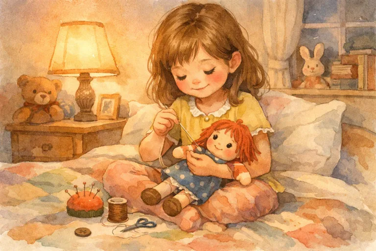 A young girl sewing her torn doll with love and care